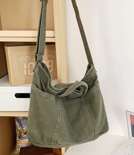 Image of Cotton Tote Handbag Women Canvas Crossbody Beach Bag Hobo Shoulder Tote Bag with 3 External Pocket,Zipper Closure