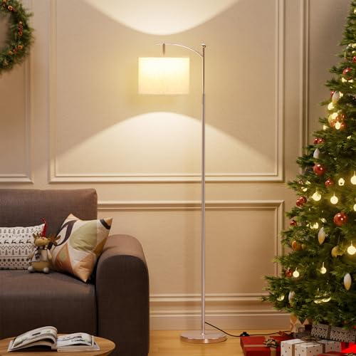 Image of Ambimall 60 inch Floor Lamp for Living Room with 3 Color Temperatures, Adjustable Beige Shade with Light Gold Pole, Tall Lamp for Bedroom Office Classroom Dorm Room, 9W Bulb Included