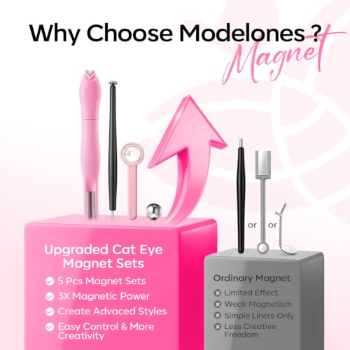 Image of modelones Cat Eye Magnet Set, Heart French Cateye Gel Polish Nail Tools Kit Dual-Head 5 IN 1 Magnets Pen Heart Round Flower Glassy Moon Multi Effect Nail Art Designs Home DIY Salon Use