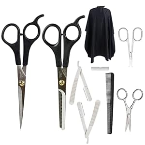 GutarGoo® 8In 1 Professional Hair Cutting Scissors, Nose, Ear Hair, Beard, Moustache; Comb, Haircut Cape, Shaving razor