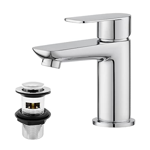 Black Basin Taps with Pop Up Waste, BATHWEST Modern Monobloc Chrome Brass Matte Black Bathroom Sink Taps for Basin with Drainer 922MC