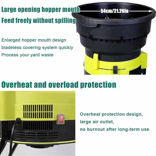 Trituradora eléctrica sin cuchilla, 2500 W, con ruedas y funda, tolva de 54 cm de ancho, para agujas de paja y escombros de jardín, cable de alimentación de 50 m para un uso fácil