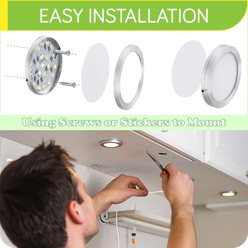 Image of Under Cabinet LED Puck Lighting, Single Light for Hutch Bookcase Display Shelf Lighting, Rotary Dimmer Switch, 120VAC Plug in, Black Cord, Warm White