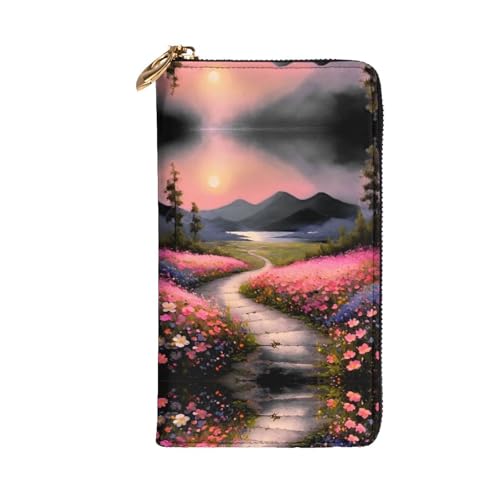 A path full of flowers printing Women's leather long handheld wallet large capacity credit card zipper bag2