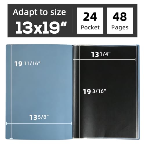 Image of 13x19 Blue Art Portfolio Folder Displaying 48 Pages with Plastic Sleeves | 24-Pocket Presentation Book Binder For Artwork Storage Featuring Dark Inner Paper Inserts Protective Document Archival Holder