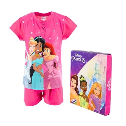 Disney Princesas Pijamas para Niñas, Diseño Cenicienta Ariel y Jasmine Camiseta y Pantalón Corto Conjunto 2 Piezas, Regalo para Niñas, Talla 6 Años, Fuchsia