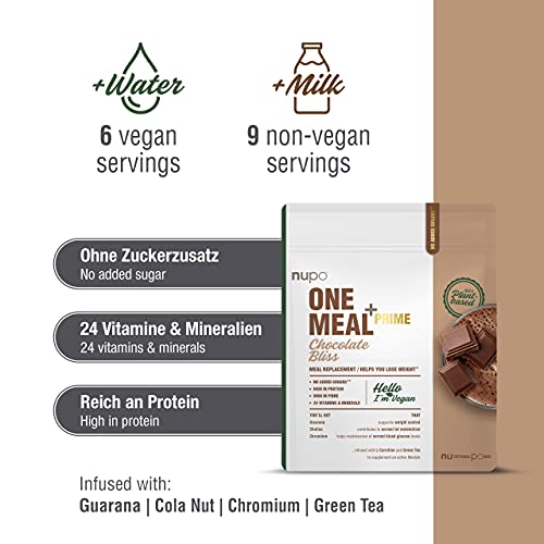 NUPO One Meal + Prime Vegan Powder - Chocolate Bliss I Tasty meal replacement shakes for a balanced diet plan I High in protein I No added sugars I 24 vitamins and minerals I 360g