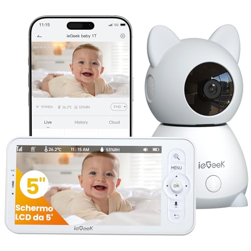 ieGeek Cámara Vigilancia Bebes 5' 2K/3MP, Baby Monitor con Vista 360° PTZ, Detección Movimiento y Llanto, Audio Bidireccional, Visión Nocturna, Temperatura, Regalo Recién Nacidos​