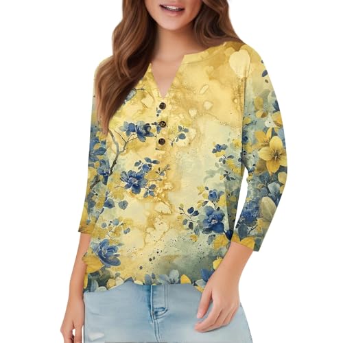 3/4 Sleeve Tshirts Shirts for Women V Neck Buttons Cute Casual Tops Hawaii Graphic Basic Blouses Loose Fit Pullover2