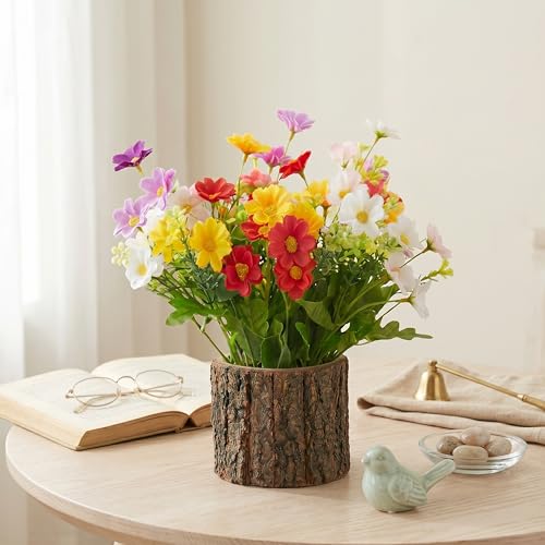 Image of Dekorly Artificial Multi Colore Daisy Flower with Real Wooden Vase (28CM Overall Height) | Decorative Lifelike Faux Floral Plant in Rustic Tree Log Pot for Living Room(Multi Colour Daisy)