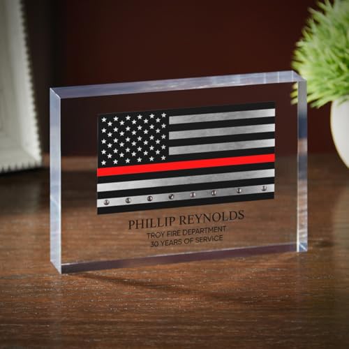 Engraved Retirement Acrylic Block Firefighter Gift - Thin Red Line