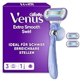 Gillette Venus Extra Smooth Swirl Rasierer Damen — Inkl. 3 Ersatzklingen für Nassrasierer, Schwenkbares Handstück und Duschhalterung — Lila