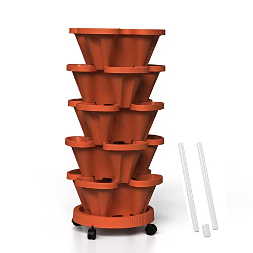 Tectsia Maceta vertical de fresa para jardín, maceta de 5 niveles con tubo de apoyo apilable para hierbas para interiores y exteriores, color terracota