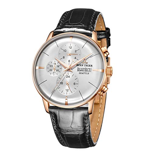 REEF TIGER Luxury Dress Watch Genuine Leather Strap Rose Gold Automatic Watches for Men RGA1699