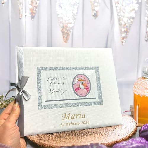 Miniatura 2 de Libro De Firmas Para Bautizo Personalizado, Grabado En La Portada Con Nombre Y Fecha - Libro Recuerdo Bautizo Para Dedicatorias Y Fotos Rosa