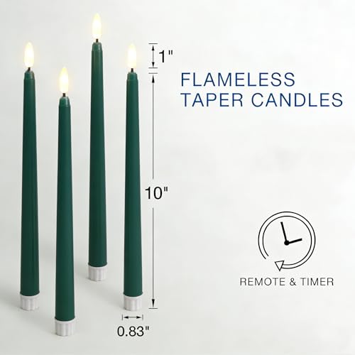 Image of Green Flameless Taper Candles with Remote, Flickering Battery LED Candlesticks Wedding Home Decor Set of 4