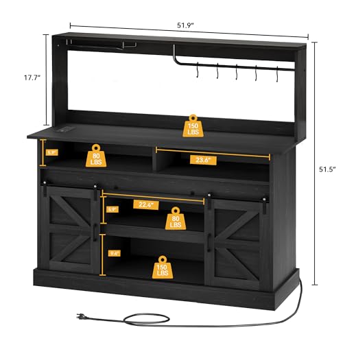 DWVO Farmhouse Buffet Cabinets, 52" Coffee Bar with Goblet Holder & Power Outlet, Sliding Barn Door Sideboard Cabinet for Kitchen & Living Room Storage (Black Oak)