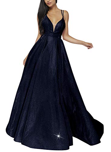 Image of VKBRIDALWomen's Glittery Spaghetti V-Neck Prom Dresses Long Side Split Formal Evening Gowns 16W Navy