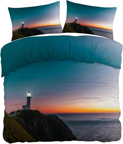 Funda Nordica Cama 135/150 Faro Funda Nórdica 240x220 Amanecer Fundas de Edredón Impresión 3D Ropa de Cama Microfibra Transpirable Suave 3 Piezas con 2 Fundas de Almohada C/977