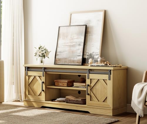 Image of WAMPAT Farmhouse Style TV Stand for 55-65 inch TV w /Distressed Wood Finish