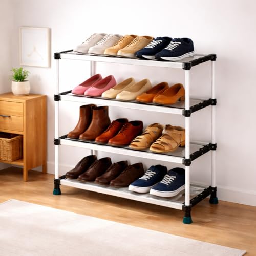 Image of PLX 4 Tier Plastic Shoe Rack for Home, Stackable Shoe Organizer Shelf Stand, Space Saving Footwear Storage Rack for Bedroom, Closet & Entryway, White