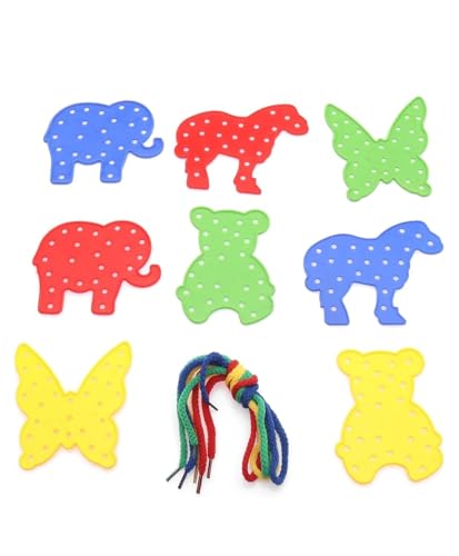 Image of Little Fingers Multi-Shape Lacing Cards Set - Educational Blocks Threading Toy For Kids With Animals More (10-PCS)