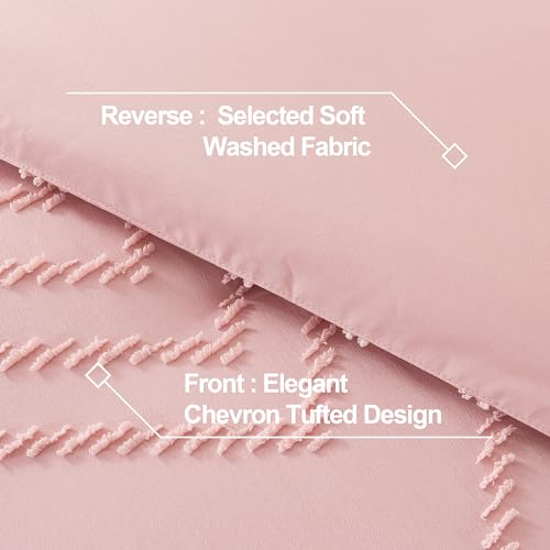 Image of Andency Pink Comforter Set King, Boho Cute Girls Women Soft Fluffy Warm Lightweight Bedding Comforter Sets for King Bed, 3 Pieces Chevron Tufted Aesthetic Microfiber Comforter Set