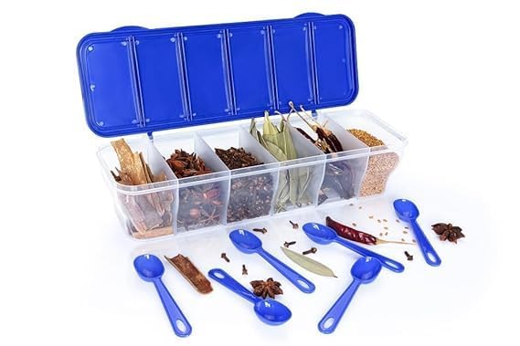 Image of 6-in-1 Masala Box with 6 Spoons, Airtight BPA-Free Plastic Masala Container Set, Transparent Spice Box for Kitchen Storage