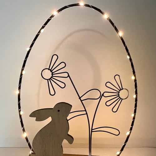 JINGTOPS LED Hase Figur Ostern mit Timer, Beleuchtetes Osterhase aus Holz 20 LED Osterbeleuchtung, mit Olzsockel/Eier/Blumen, Lichterkette Ostereier, Osterdeko Tisch Modern Deko Frühling,17,5x5x30cm