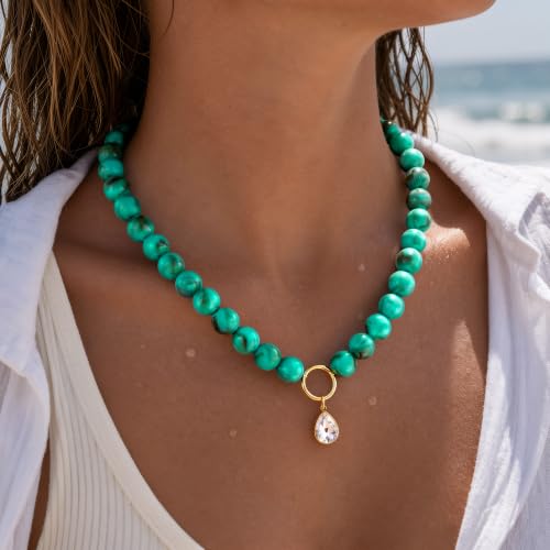 Turandoss Turquoise Beaded Necklace for Women, CZ Choker Pendant - image 5