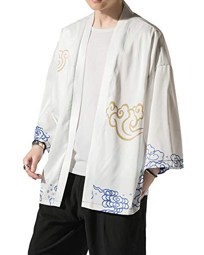 Image of Men's Japanese Kimono Robe Jacket Lightweight 3 /4 Sleeve Open Front Yukata | Silky Smooth Fashion Print Happi Coat Lightweight Breathable Loose Unisex Haori Casual Summer Cardigan Daily Beach Vacation