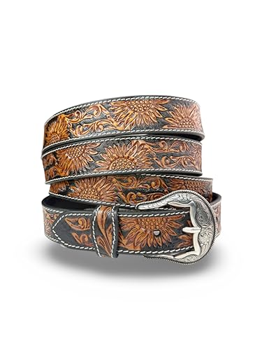 Western Belt for Men 1.5” Wide Full Grain One Piece Leather Belt with Buckle Handmade Engraved Tooled