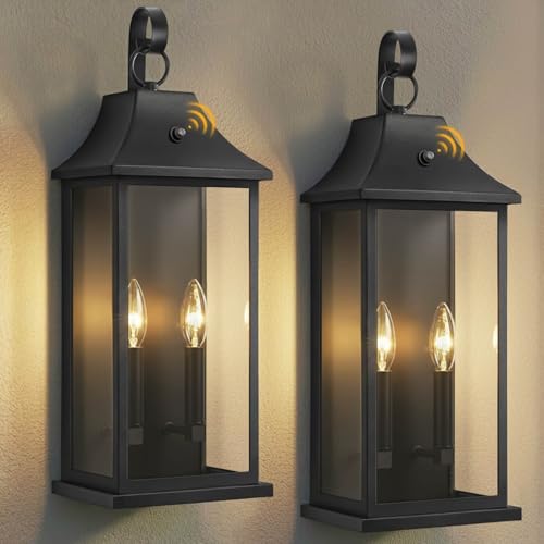 Image of RAYVO 21.5 inch Large Outdoor Lantern Lights Dusk to Dawn, Modern Farmhouse Exterior Light Fixtures Wall Mount, Anti-Rust Outside Wall Sconce for Porch Garage Entryway Patio, Black, 2 Pack