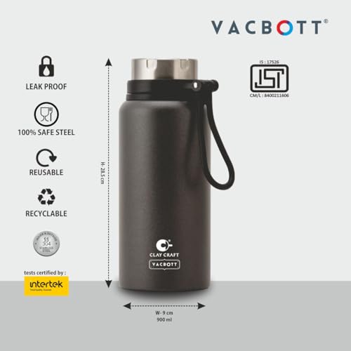Image of CLAY CRAFT VACBOTT Topaz Uno Double Walled|18 Hours Hot and 24 Hours Cold Vacuum Insulated|Thermosteel|Flask Bottle 900 ml Steel Bottles for Travelling|BPA-Free|BIS Certified|1Year Limited Warranty