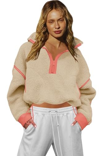 LAMISSCHE Half Zip Sweatshirt Women Oversized Sherpa Jacket V Neck Fleece Pullover Hoodie with Pockets