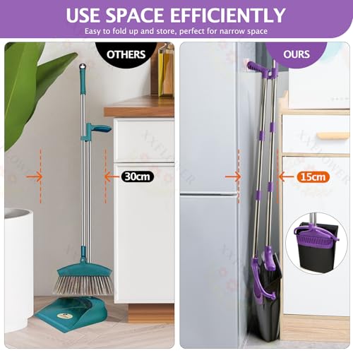 Image of Broom and Dustpan Set with Long Handle, Light Weight Stainless Steel Poles Stand Upright Dustpans with Broom Combo for Home Kitchen Office Pet Dog Hair, 1-Pack (Purple)
