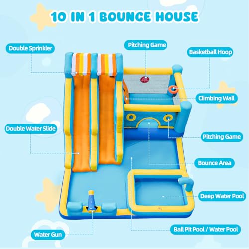 SportBob Hüpfburg mit Wasserrutsche, 10 in 1 Aufblasbare Hüpfburg XXL mit Gebläse, Kletterwand, Springen, Wasserpistole, Splash Pool Basketballkorb für Kinder Outdoor Indoor, 465x380x230 cm
