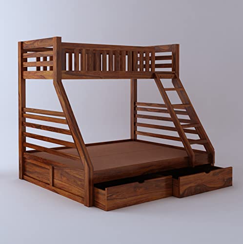 Image of Ganpati Arts Sheesham Wood Italian Bunk Bed Twin Over Bed with Ladder Wooden Bunk Bed with 2 Drawer Storage for Bedroom Living Room and Home (Natural Finish) 1 Year Warranty