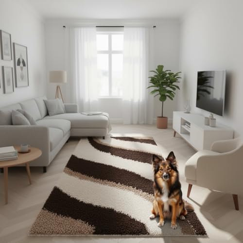 Image of Carpet for Hallway, Kitchen, and Modern Interiors, Cozy Shag Runner for Living Room, Entryway & Office Decor Size 5x8 feet Coffee Multi