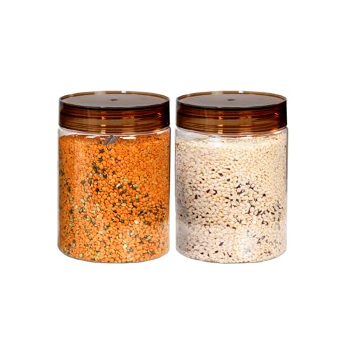 Image of PEARLPET Plastic Containers for Kitchen Storage | Plastic Container Set with Spoon | BPA-Free, Stackable Jars | Brown, 1000 ML (Set of 2)