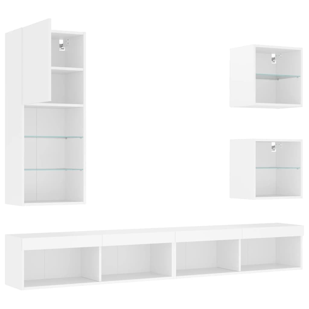 Gecheer Set di 5 armadietti per TV, moderni, mobili per TV, soggiorno, armadio, parete multimediale, TV, pannello basso, armadio, parete per TV, tavolo da soggiorno, in legno bianco, vetro