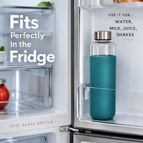 Image of Borosilicate Glass Water Bottle with Silicone Cover | 1 Litre 1000ml | Thermal Shock Resistant | Leakproof Steel Cap | BPA Free | Home Office Gym Fridge