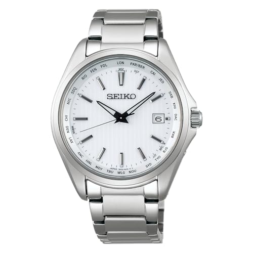 Seiko Selection Men's Wristwatch, Titanium Solar Radio, World Time Function, silver/white, 1 piece, Metal band (pure titanium)