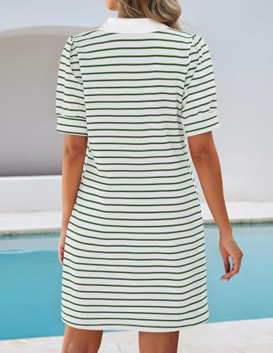 Image of ZESICA Womens Summer Striped T Shirt Mini Dresses 2026 Casual Lapel V Neck Short Sleeve Flowy A Line Beach Vacation Dress