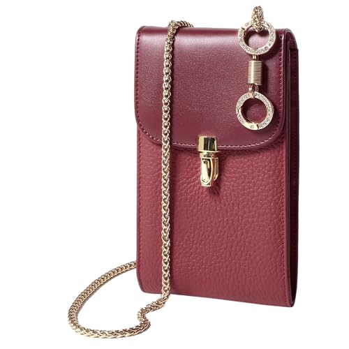 Genuine Leather Small Gold Metal Chain Phone Crossbody Purse, Color Block Shoulder Card Slot Wallet Cellphone Bag with Bling Rhinestone Key Ring (Red)