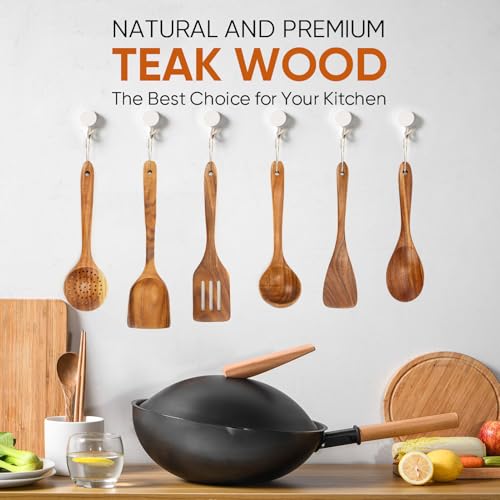 Image of EZuncle 6 Piece Wooden Cooking Spoon Set - Ideal for Non-Stick Pans, Heat Resistant Solid Wood, Smooth Teak Cutlery for a Comfortable Grip - Lightweight and Durable - Easy to Clean(6 PCS Large)