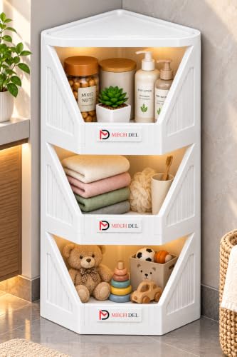 Image of mechdel Cupboard Rack for Clothes Plastic Cabinet for Storages Foldable Wardrobe for Clothes Plastic Cloth Rack for Storages Clothe Storage (Corner Cupboard Rack-1 Door -White, 3PCS)