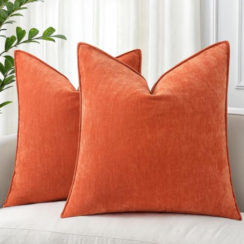 decorUhome Fall Couch Throw Pillow Covers 24x24 Set of 2, Decorative Soft Euro Neutral Chenille Pillow Covers with Elegant Design for Sofa Bed Living Room Home Decor, Rust