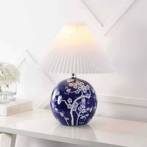 Image of JONATHAN Y 19.5 inch Navy /White Shishen Chinoiserie Ceramic Table Lamp, Traditional Hand-Painted Floral Cottage Lamp with White Pleated Linen Shade, LED Bulb Included (JYL5056C)