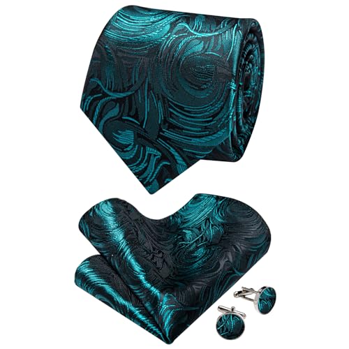 Image of YourTies Mens Silk Tie Teal Floral Necktie and Pocket Square with Lapel Pin Sets for Men Formal Business, Medium